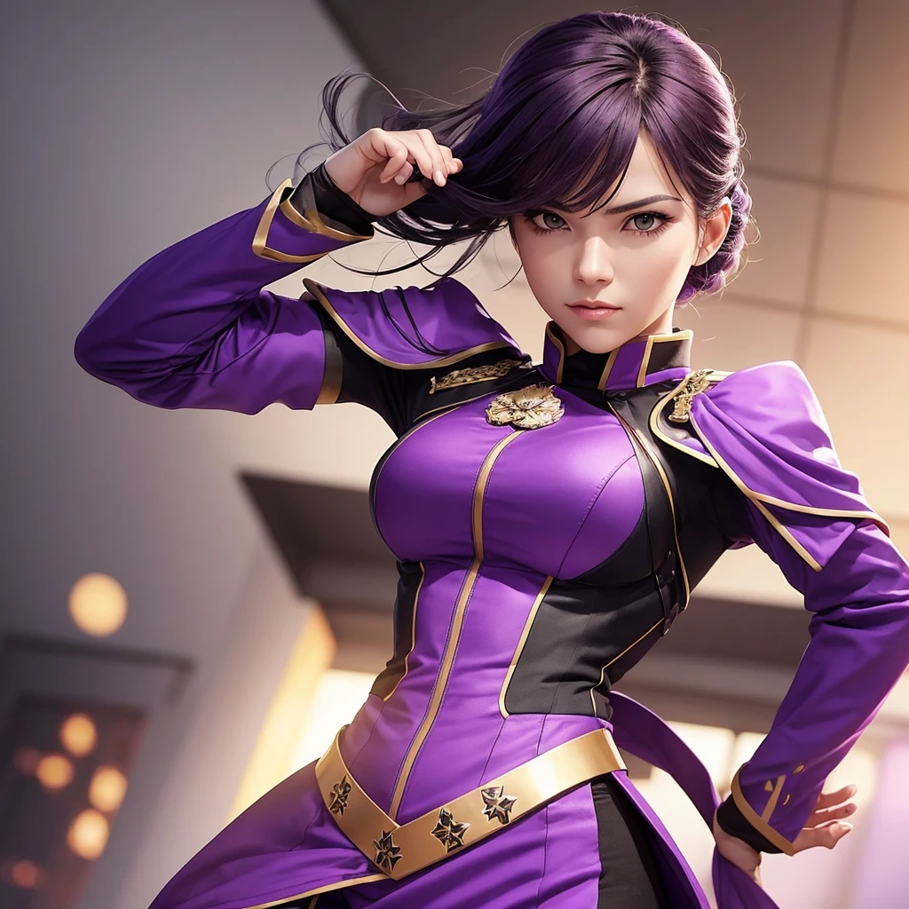 Generate an image of a female commander dressed in purple attire. She should exude a commanding presence and appear exceptionally cool and confident as a leader. The image should showcase her in a strong and assertive pose, conveying authority and professionalism, with a background that complements her leadership role.