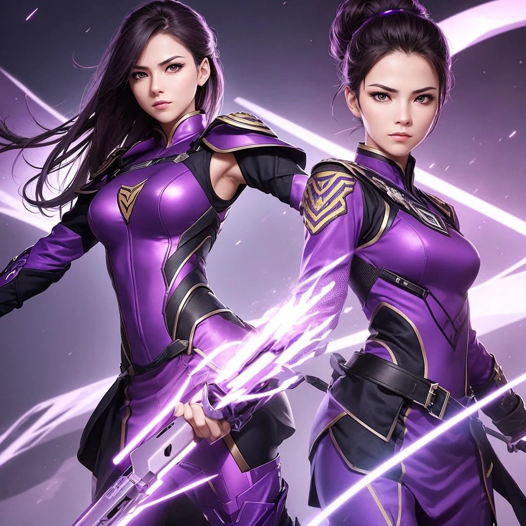 Generate an image of a female commander dressed in purple attire. She should exude a commanding presence and appear exceptionally cool and confident as a leader. The image should showcase her in a strong and assertive pose, conveying authority and professionalism, with a background that complements her leadership role.