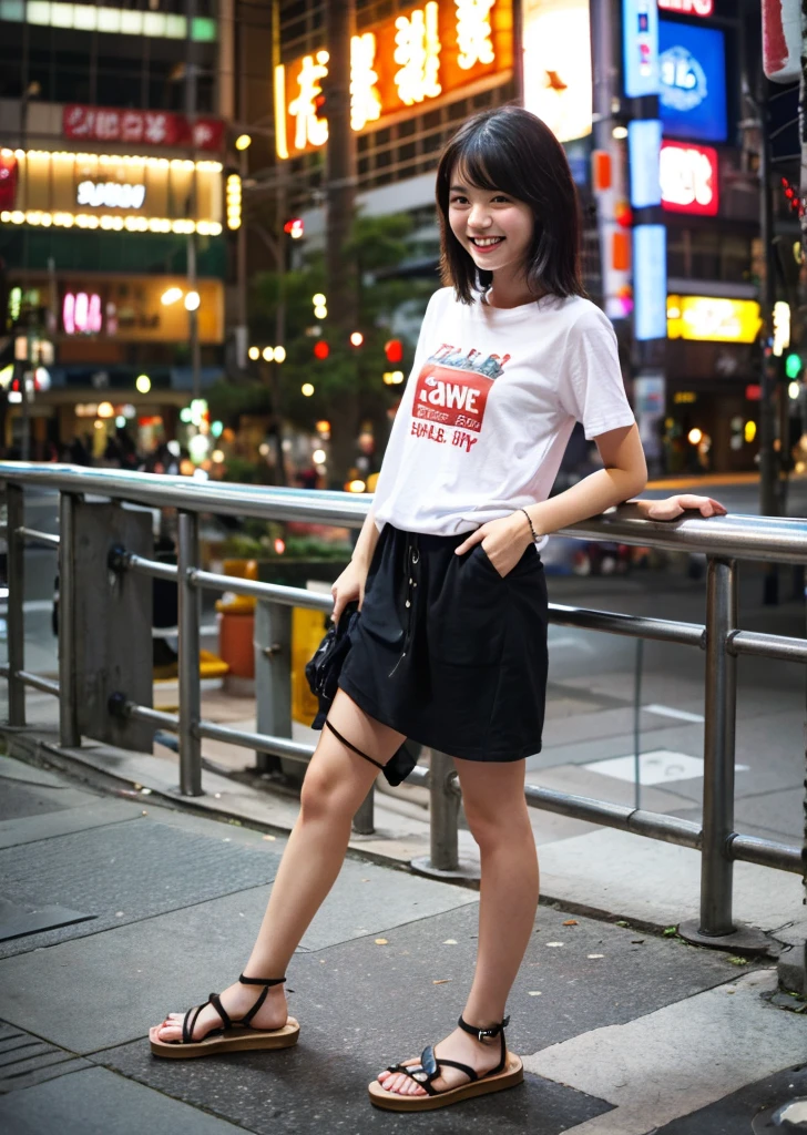 （Realistic, photo-Realistic:1.37),(8K, RAW Photos, Highest quality, masterpiece:1.2), cute, Ultra-detailed, 超High resolution, Kodak Vision Color, Filmed with an Arricam LT camera,Highest quality, Lively, 8K, High resolution, 1 girl, Escape, (Professional Lighting), (Portraiture:0.6), Black Hair, (Medium Hair）,22 years old、Date、T-Shirt、Sandals、Shibuya City、Smile happily