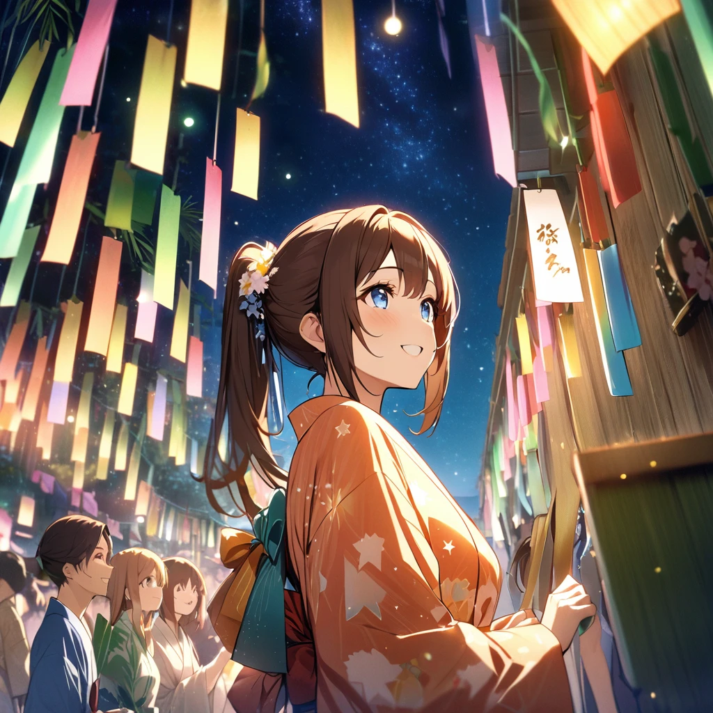 Highest quality, masterpiece, Hikoboshi and Orihime, The best smile, Look up at the sky,Brown Hair、ponytail、 yukata, Blue eyeilky way, Night view, Tanabata Festival,Many Stars々、The stars shine beautifully、Brightly colored stars、Vast Universe、 Large bamboo and colorful hanging ornaments,Golden light particle effect, Japanese Events、Tanabata decoration、Bamboo、wish