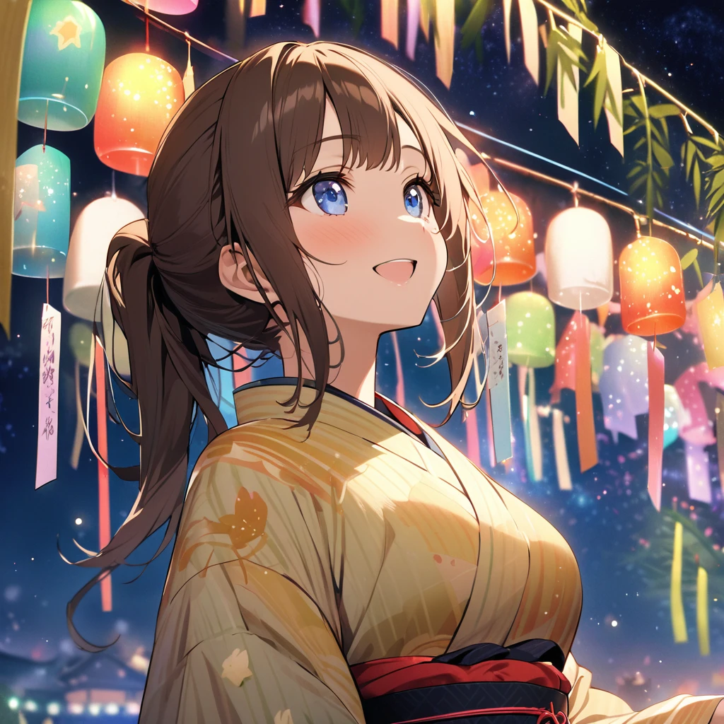 Highest quality, masterpiece, Hikoboshi and Orihime, The best smile, Look up at the sky,Brown Hair、ponytail、 yukata, Blue eyeilky way, Night view, Tanabata Festival,Many Stars々、The stars shine beautifully、Brightly colored stars、Vast Universe、 Large bamboo and colorful hanging ornaments,Golden light particle effect, Japanese Events、Tanabata decoration、Bamboo、wish