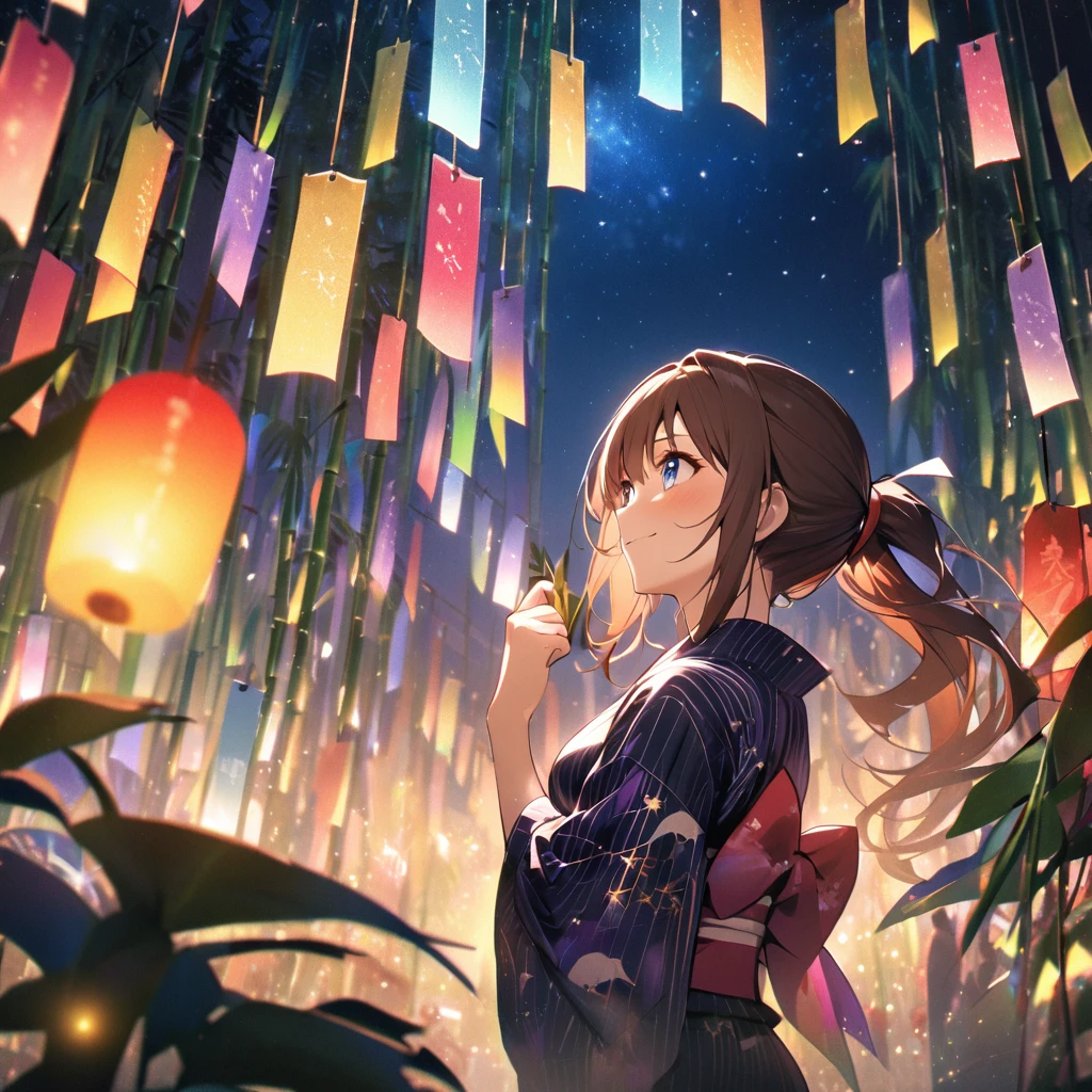 Highest quality, masterpiece, Hikoboshi and Orihime, The best smile, Look up at the sky,Brown Hair、ponytail、 yukata, Blue eyeilky way, Night view, Tanabata Festival,Many Stars々、The stars shine beautifully、Brightly colored stars、Vast Universe、 Large bamboo and colorful hanging ornaments,Golden light particle effect, Japanese Events、Tanabata decoration、Bamboo、wish