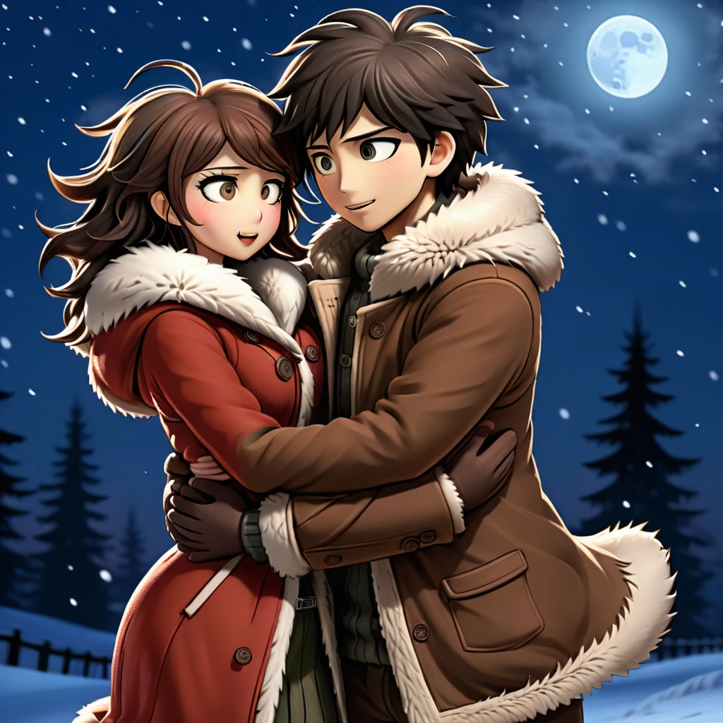 a couple, tender embrace, romantic scenery, moonlit night, silhouette figures, soft illumination, close connection, loving gestures, dreamlike ambiance, cozy atmosphere, warm clothing, winter wonderland, snowy background, handholding, fur coat, cuddle position, content expressions, danganronpa style, thick lines, full-body portrait, detailed eyes, close-up, 