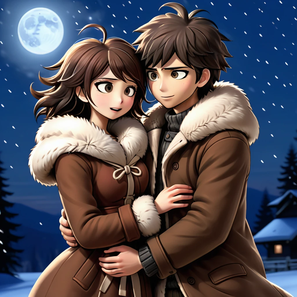 a couple, tender embrace, romantic scenery, moonlit night, silhouette figures, soft illumination, close connection, loving gestures, dreamlike ambiance, cozy atmosphere, warm clothing, winter wonderland, snowy background, handholding, fur coat, cuddle position, content expressions, danganronpa style, thick lines, full-body portrait, detailed eyes, close-up, 