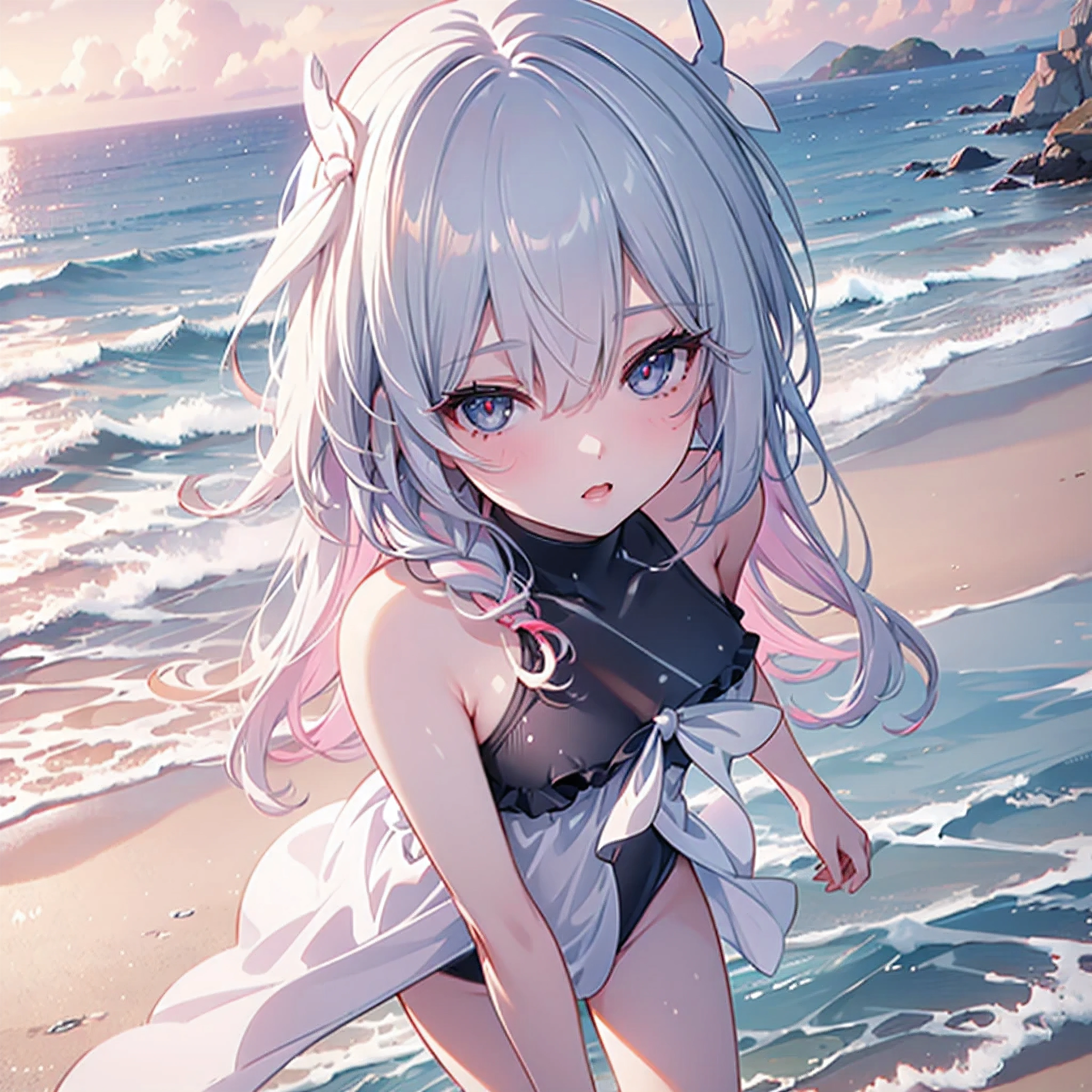 1girl,shy girl,swimsuit,beautiful detailed eyes,beautiful detailed lips,extremely detailed face,longeyelashes,dynamic pose,ocean background,sunset colors,warm lighting,photorealistic,8k,highest quality,digital art,masterpiece