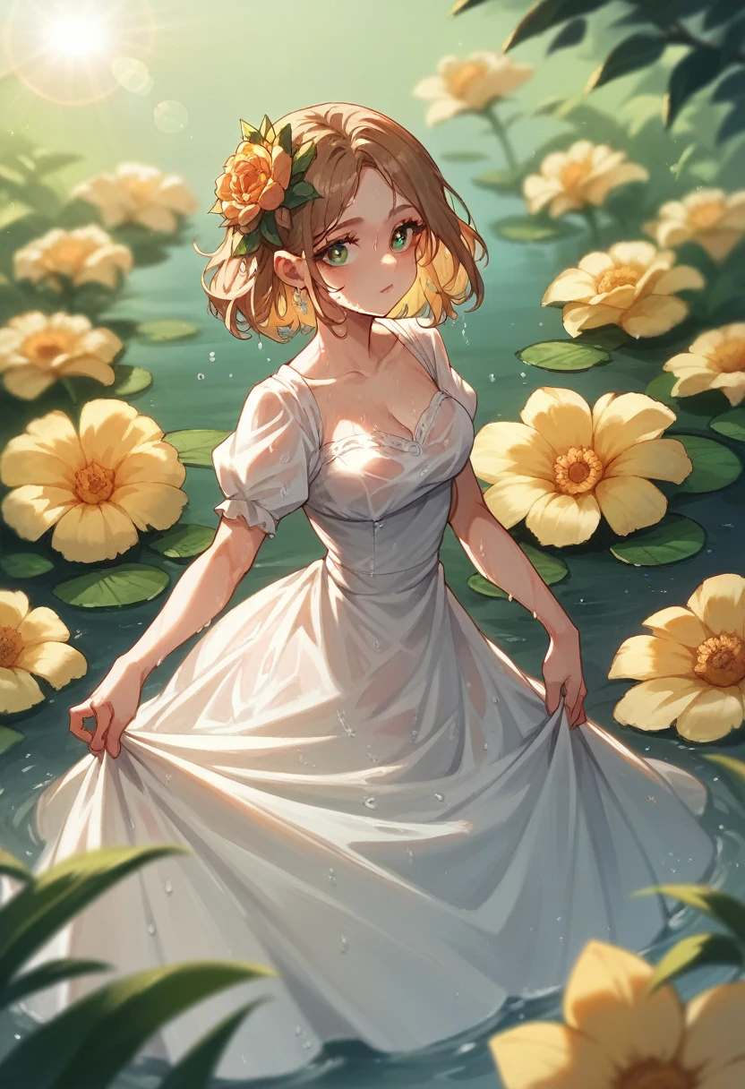 art:Cornflower, dream-like (A girl with beautiful and delicate eyes. The depth of field in the photo is perfect, The lens flare creates a nice atmosphere., {{Side-breasted:2}}}, Soaked Dress