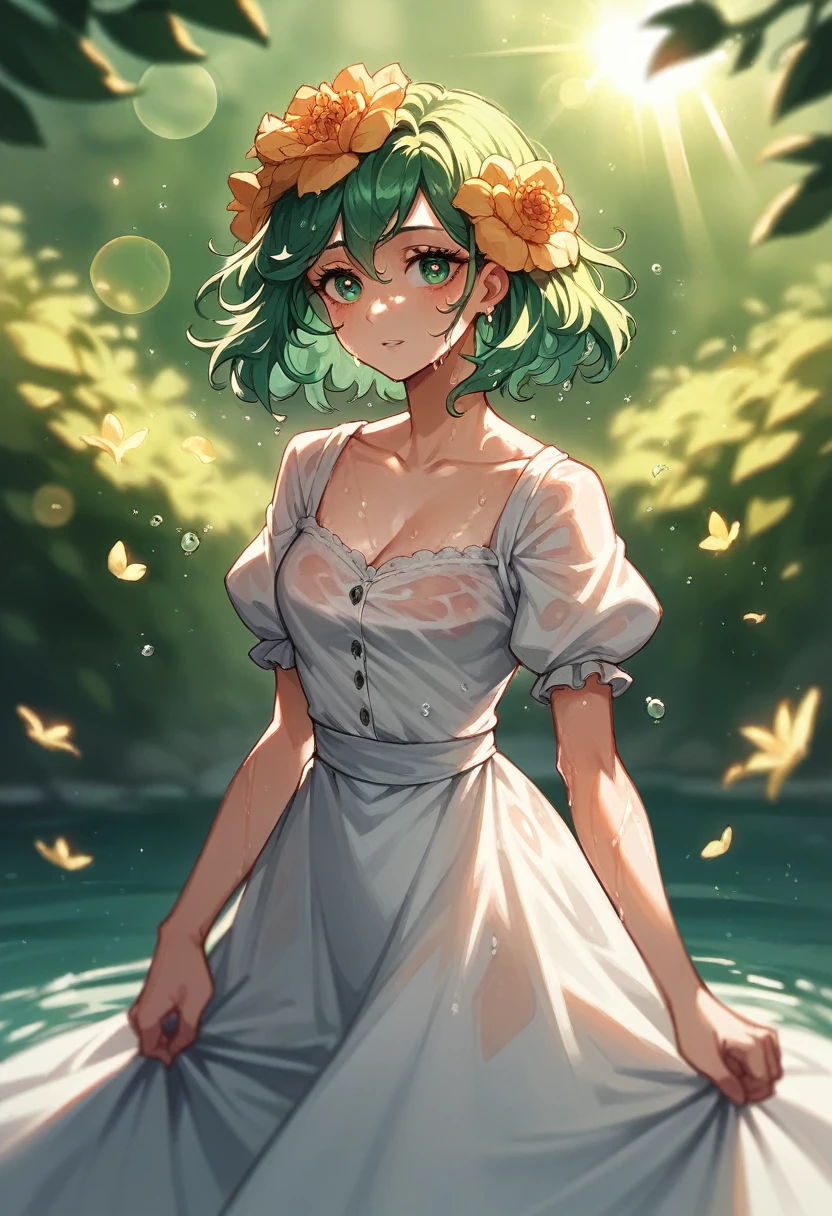 art:Cornflower, dream-like (A girl with beautiful and delicate eyes. The depth of field in the photo is perfect, The lens flare creates a nice atmosphere., {{Side-breasted:2}}}, Soaked Dress