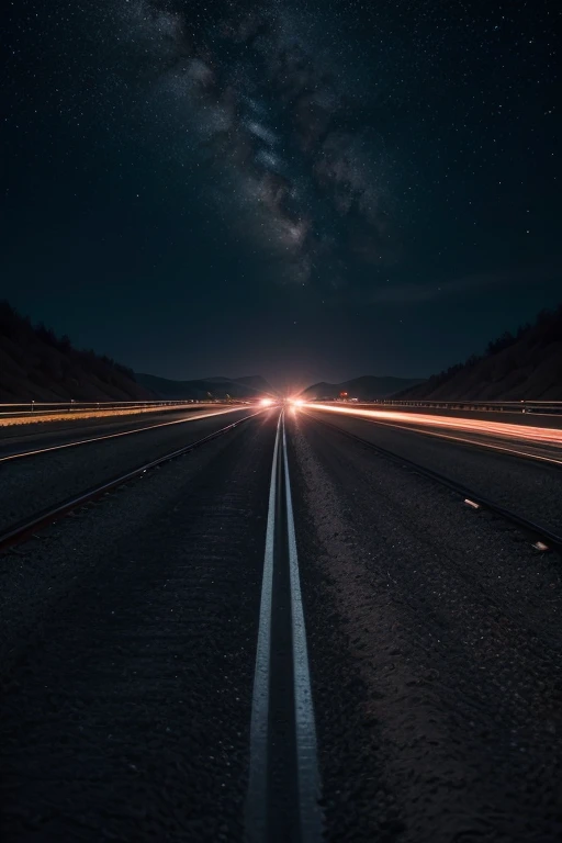 fund: A dark and enigmatic background, perhaps a starry night sky with shades of dark blue and black, conveying mystery and intensity.
Core Elements: In the center of the cover, a detailed illustration of a night road stretching to the horizon, with lights from speeding cars in blurred motion, suggesting splits and action.
Additional Features: Ao longo da estrada, incorporate subtle details of floral elements, SOM rosas vermelhas escuras ou tulipas, symbolizing both the beauty and the traumas of the main characters.
Title: The title of the book, "Shadows on the Tracks", in elegant and intricate letters, with a shadow or glow effect to make it stand out against the dark background.
fine-details: Below the title, an intriguing quote or phrase that encapsulates the theme of the novel, SOM "Between speed and darkness, secrets are revealed and hearts are broken."