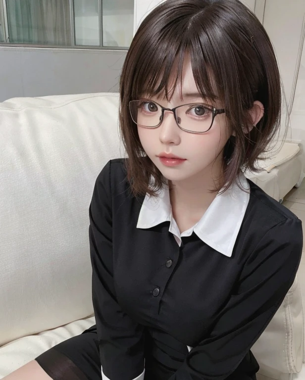 Highest quality, Full body portrait, Delicate face, Pretty face, 25-year-old woman, Slim figure, Large Bust, OL Uniform, Office Clothes, Black Stockings, Outdoor Scene, Sitting posture, Wear glasses