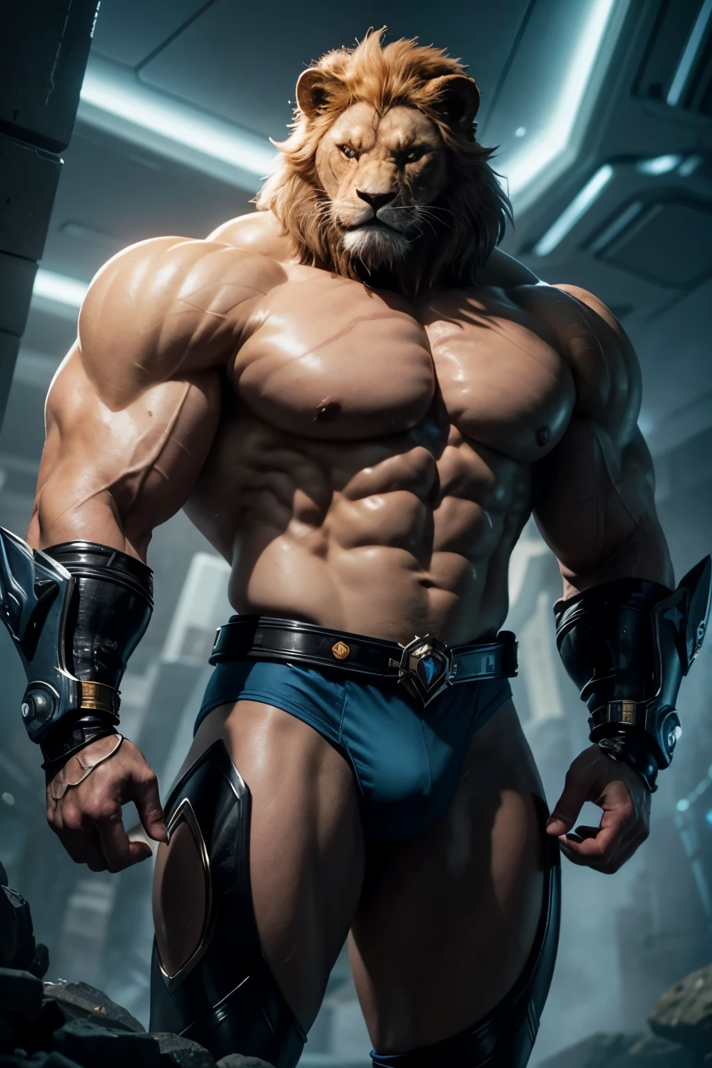 Crie uma imagem dos Thundercats reimaginados no ano de 2024. The visual style must be modern, with high definition graphics and a more realistic design, maintaining the iconic characteristics of each character. The setting must be futuristic, with visible technological elements.

Personagens:

Lion-O:

Appearance: brawny, with detailed armor that mixes metal and fabric elements.
tenue: blue and orange, with silver details. Include the mystical sword and shield with the Thundercats symbol.
Expression: Determined and confident.
Cheetara:

Appearance: athletic, with a uniform reminiscent of futuristic sportswear.
tenue: Shades of Yellow and Orange, with technological details.
Expression: Agile and focused, ready for action.
Panthro:

Appearance: chunky, with armor that highlights your strength.
tenue: Dark blue with visible cyber elements, like robotic arms.
Expression: serious and determined, with an imposing presence.
Tygra:

Appearance: Elegant and agile, with a costume that emphasizes your stealth ability.
tenue: green and brown, with high-tech details on your weapons.
Expression: calm and strategic.
Snarf:

Appearance: Adorable and loyal, with a more modern design.
tenue: Small accessories that match the Thundercats&#39; costumes.
Expression: Faithful and concerned, always ready to help.
Atmosphere:

fund: A futuristic landscape, with tall buildings and technological elements. The setting should resemble a mix of nature and advanced technology.
visual style:

Moderate realism, with detailed graphics and a futuristic touch.
This description provides specific information about each character and their visual style., helping AI create a picture that matches your vision of the Thundercats in 2024.
