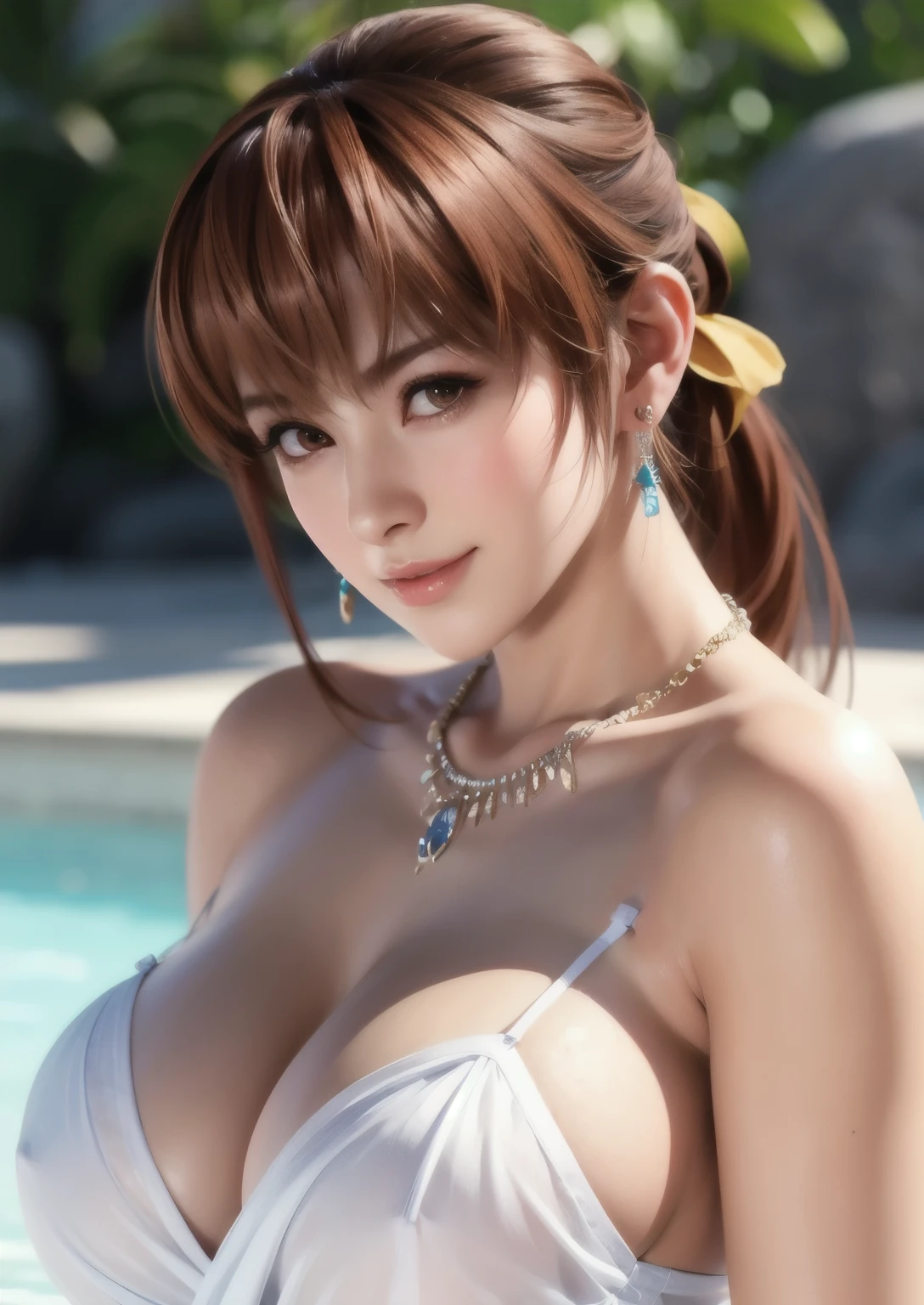 Full body shot of Kasumi, Young face, Brown Hair, ponytail,  比基尼 , Take a bath in the open-air bath, Wet and see-through bath towel, Vivitone, alone, Shyly lowered face, Red cheeks, Shy laugh, A pose with a slight twist of the upper body, Side lighting, Shallow and sharp depth of field,(Very detailed),Realistic, (masterpiece), (High resolution), (8k wallpaper)， orange hair，huge breasts，Low-cut，Cleavage，earrings，necklace