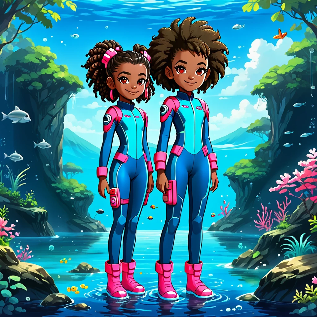 Create a full-body view of a kid-friendly avatar of a young girl named Arya with dark skin, hair styled in afro puffs with pink and red bows. She is wearing scuba gear, including a pink wetsuit, blue overalls, goggles, snorkel, and pink flippers. The avatar should be cartoonish with large, expressive eyes, a friendly smile, and a playful demeanor. The background should be a simple blue gradient.