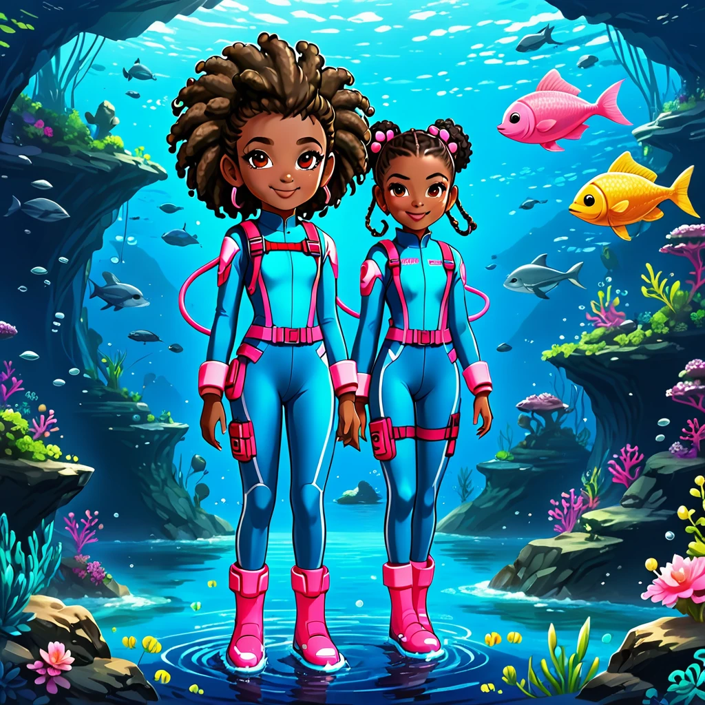 Create a full-body view of a kid-friendly avatar of a young girl named Arya with dark skin, hair styled in afro puffs with pink and red bows. She is wearing scuba gear, including a pink wetsuit, blue overalls, goggles, snorkel, and pink flippers. The avatar should be cartoonish with large, expressive eyes, a friendly smile, and a playful demeanor. The background should be a simple blue gradient.