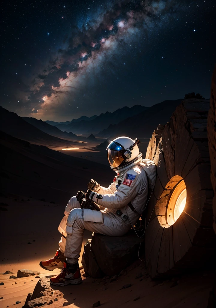 An astronaut is sitting and leaning against a large rock on the surface of Mars at night. The Martian landscape is bathed in the dim light of distant stars, and the red planet's barren, rocky terrain stretches out in the background. The astronaut's suit is illuminated by the faint glow of their helmet lights, and the scene has a peaceful, contemplative atmosphere under the vast, starry sky.