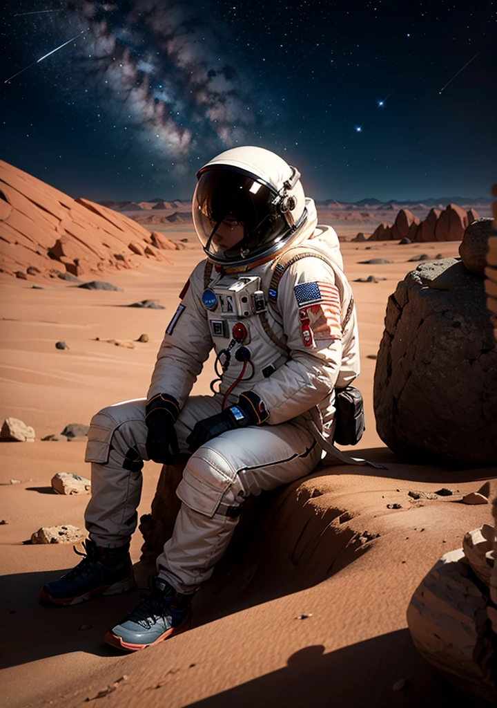 An astronaut is sitting and leaning against a large rock on the surface of Mars at night. The Martian landscape is bathed in the dim light of distant stars, and the red planet's barren, rocky terrain stretches out in the background. The astronaut's suit is illuminated by the faint glow of their helmet lights, and the scene has a peaceful, contemplative atmosphere under the vast, starry sky.