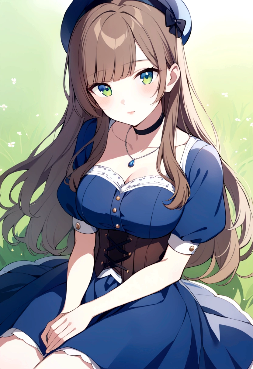 slender, mature female, rating:safe, 1girl, solo, necklace, long_hair, short_sleeves, grass, sitting, dress, brown_hair, bangs, looking_at_viewer, outdoors, puffy_sleeves, closed_mouth, buttons, skirt, jewelry, hat, blue_dress, choker, bow, corset, puffy_short_sleeves, blue_eyes, swept_bangs, head_tilt, lips, blunt_bangs, green_eyes, hands_on_lap