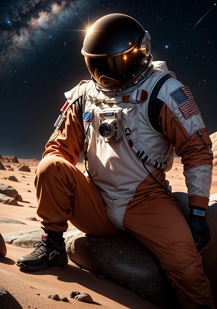 An astronaut is sitting and leaning against a large rock on the surface of Mars at night. The Martian landscape is bathed in the dim light of distant stars, and the red planet's barren, rocky terrain stretches out in the background. The astronaut's suit is illuminated by the faint glow of their helmet lights, and the scene has a peaceful, contemplative atmosphere under the vast, starry sky.