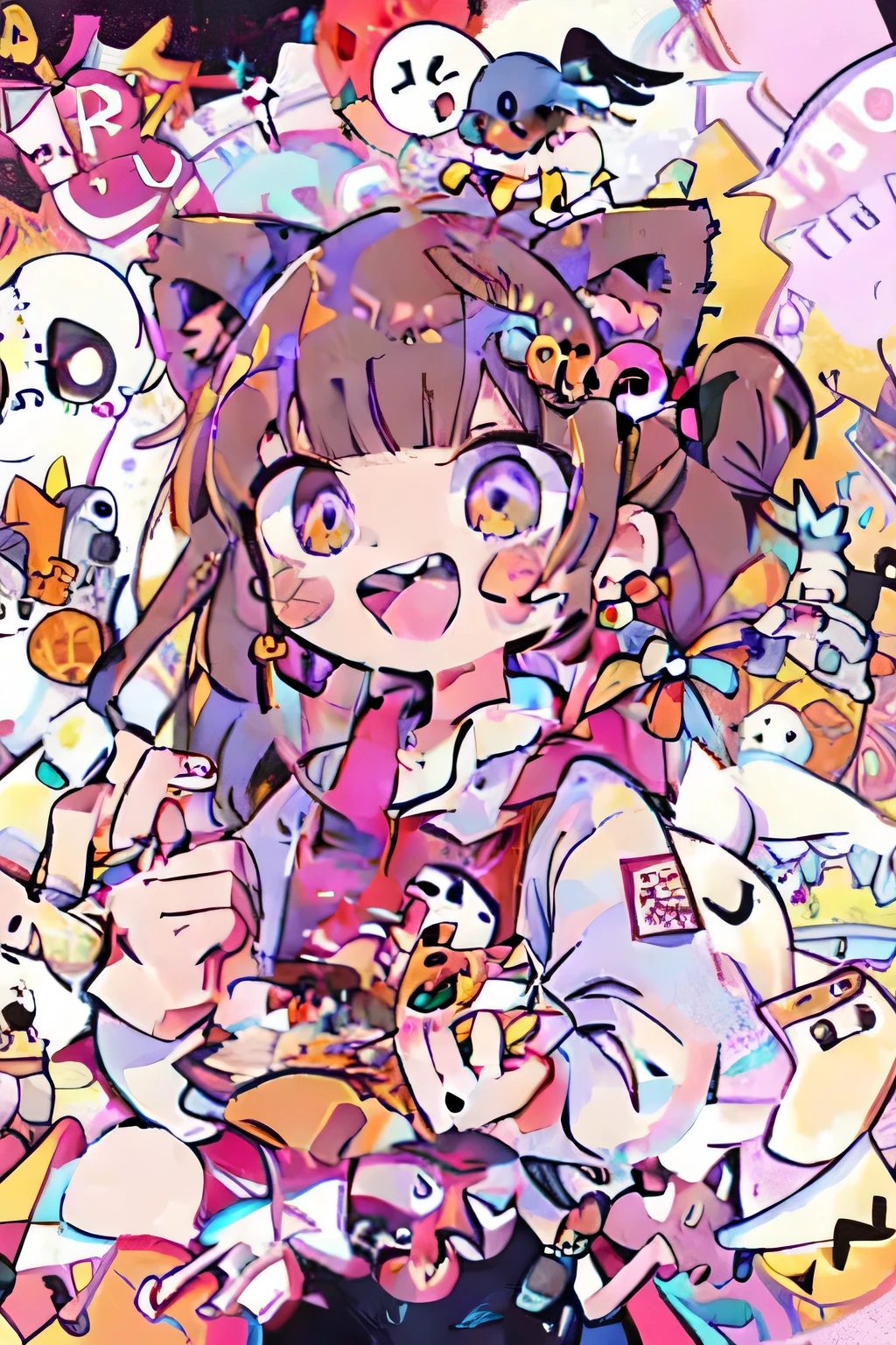 1girl,solo,jewelry,ring,colorful,brown hair,multicolored brown eyes,open mouth,brown eyes,hair ornament,black hair,purple hair,earrings,heart,bangs,looking at viewer,teeth,food,animal ears,sticker,chibi animation, cute, cartoon, long hair, more chibi, white cat ears, cute background, happy
