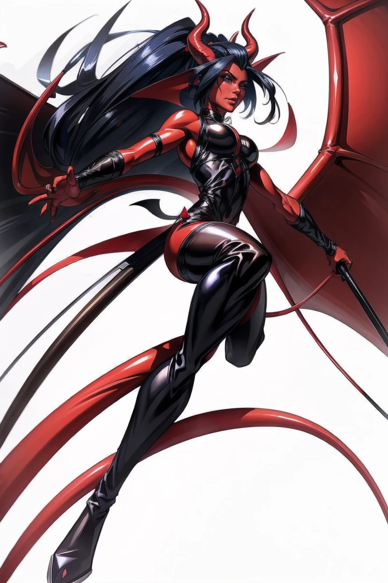 Red skin succubus tiefling, medium breasts, black horns, wings, huge tail, black leather, tall, toned, graceful, thin, long black ponytail. Action scene, shotgun.
