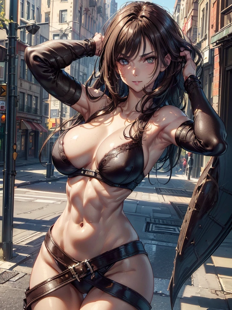 ((Best Quality, 8k, Masterpiece :1.3)), sharp focus :1.2, Perfect body beauty: 1.4, slim abs: 1.2, ((dark brown hair, big breasts: 1.2)), (natural light, city street: 1.1 ), Highly detailed facial and skin textures, detailed eyes, double eyelids, (((dynamic angle)))