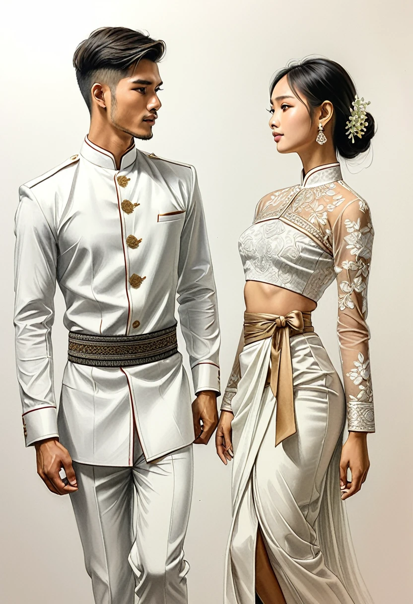 candid fashion illustration of two young man and women, 20 year old, adorned in a meticulously crafted North Thai traditional outfit, ((showcase fashion in a Northern Thai style, cotton handwoven in white color)), simple elegant and luxury style, The man wears a simple long-sleeved white mandarin collar shirt, paired with white Tailor pants, and shoes, The woman complements him with white tubular skirt or Sarong with simple patterns, ankle-length, fitted intricately decorated blouse that complements the skirt. Captured in a low angle, ((full-body image)), stands gracefully against the white backdrop. Their attire simple with intricate embroidery and white accents, each element carefully chosen to reflect the rich Lanna cultural heritage, ((white studio background)), realistic color pencil lines, perfect drawing, charcoal lines, fading sketch, quick Sketch, soft light, fashion illustration, fashion sketching