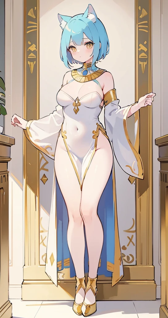 a beautiful short blue-haired girl wearing an elaborate egyptian queen's costume, sexy white egyptian dress with colored striped fabric hem, beautiful naked thighs, full body view, short hair, golden eyes, in the style of an egyptian golden cat, white background, photorealistic, 8k, high quality, detailed, vivid colors, dramatic lighting, Wearing high gold shoes, cute face is obvious, (blank white background with no other objects) Slim body
