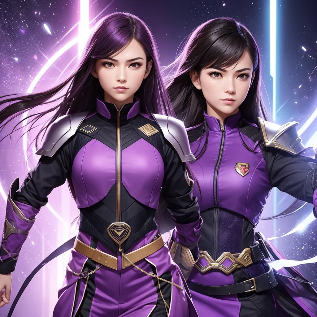 Generate an image of a female commander dressed in purple attire. She should exude a commanding presence and appear exceptionally cool and confident as a leader. The image should showcase her in a strong and assertive pose, conveying authority and professionalism, with a background that complements her leadership role.