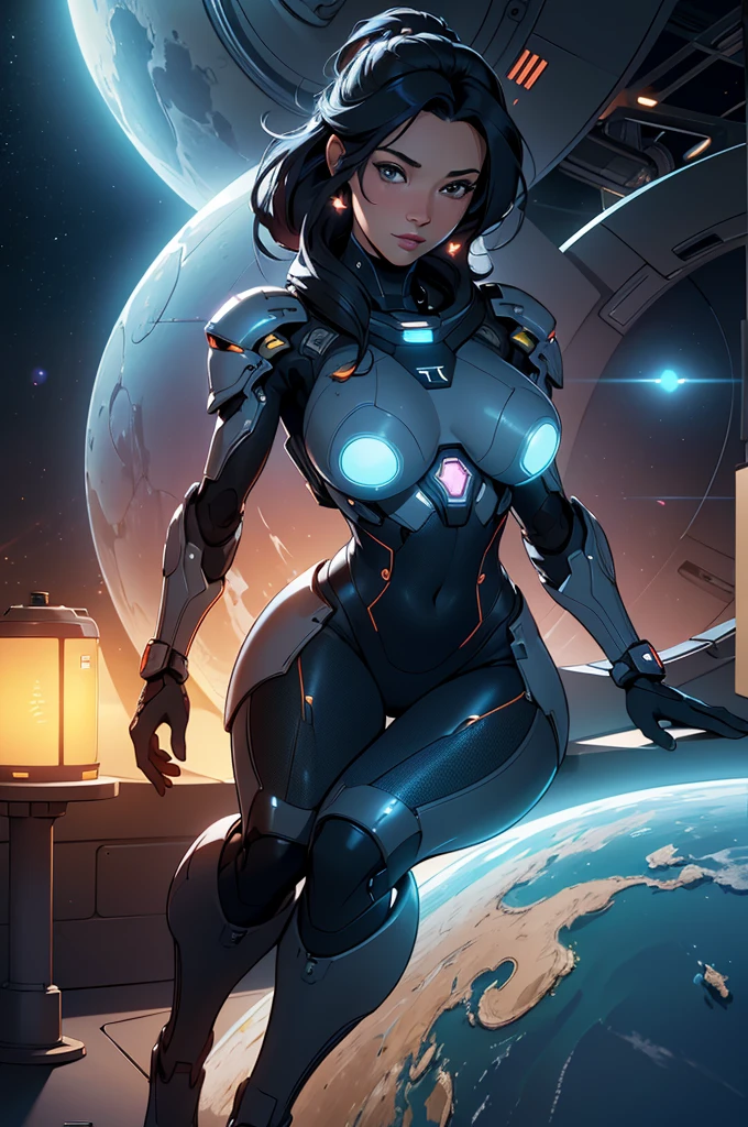(ultra quality, 4k, 8k, high resolution, masterpiece: 1.2), ultra detailed, (realistic, photorealistic, photorealistic: 1.37) a sexy and beautiful young robot girl on a space station, 8k, ultra detailed, photorealistic, highly detailed, volumetric lighting, extremely detailed face and eyes, long eyelashes, upturned nose, full body, sexy, bare chest, intricate details, concept art, vibrant colors, cinematic lighting, spectacular lighting, science fiction, futuristic, advanced technology, elegant design, seamless integration, meticulously crafted, masterpiece