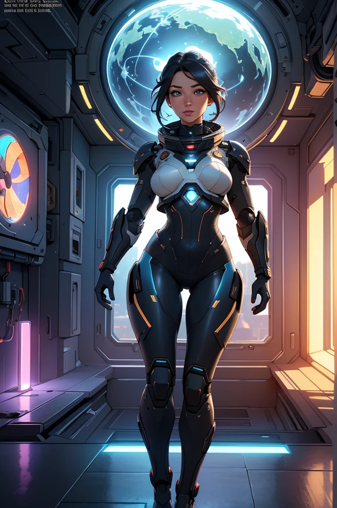 (ultra quality, 4k, 8k, high resolution, masterpiece: 1.2), ultra detailed, (realistic, photorealistic, photorealistic: 1.37) a sexy and beautiful young robot girl on a space station, 8k, ultra detailed, photorealistic, highly detailed, volumetric lighting, extremely detailed face and eyes, long eyelashes, upturned nose, full body, sexy, bare chest, intricate details, concept art, vibrant colors, cinematic lighting, spectacular lighting, science fiction, futuristic, advanced technology, elegant design, seamless integration, meticulously crafted, masterpiece