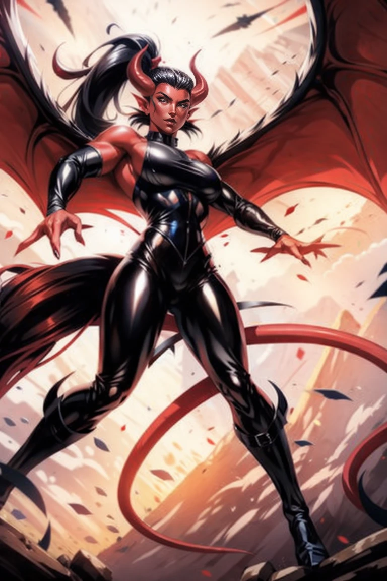 Red skin succubus tiefling, medium breasts, black horns, wings, huge tail, black leather, tall, toned, graceful, thin, long black ponytail. Action scene, shotgun.