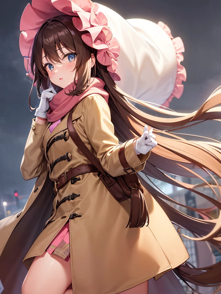 1girl with long brown hair wearing a fully buttoned up and belted buckle beige trench coat with a large pink winter wool scarf and white gloves carrying her large purse at the hard rainy night city street full body 8k