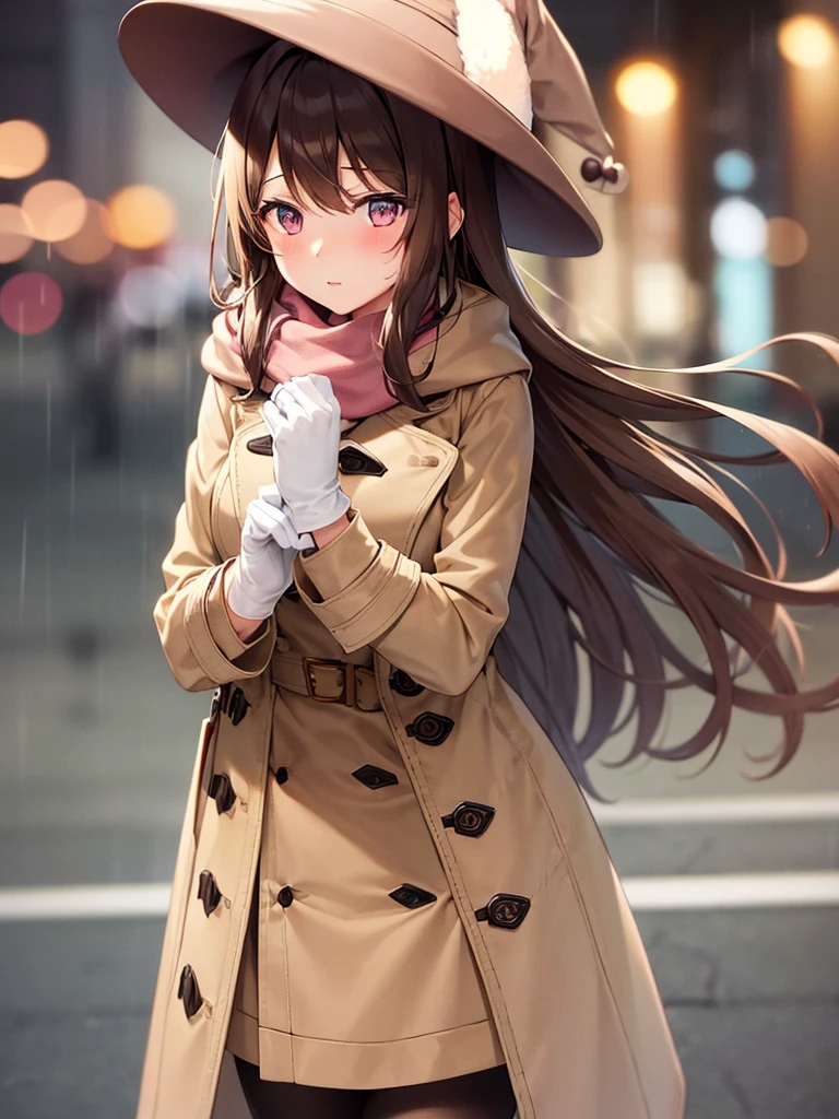 1girl with long brown hair wearing a fully buttoned up and belted buckle beige trench coat with a large pink winter wool scarf and white gloves carrying her large purse at the hard rainy night city street full body 8k