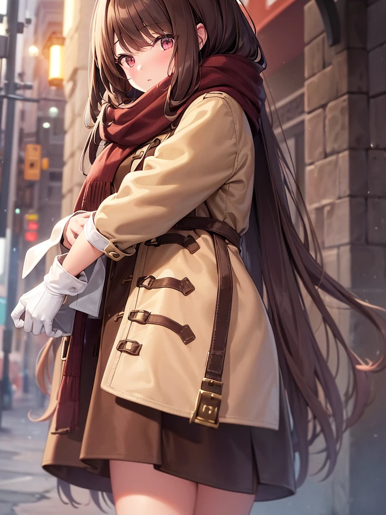 1girl with long brown hair wearing a fully buttoned up and belted buckle beige trench coat with a large pink winter wool scarf and white gloves carrying her large purse at the hard rainy night city street full body 8k