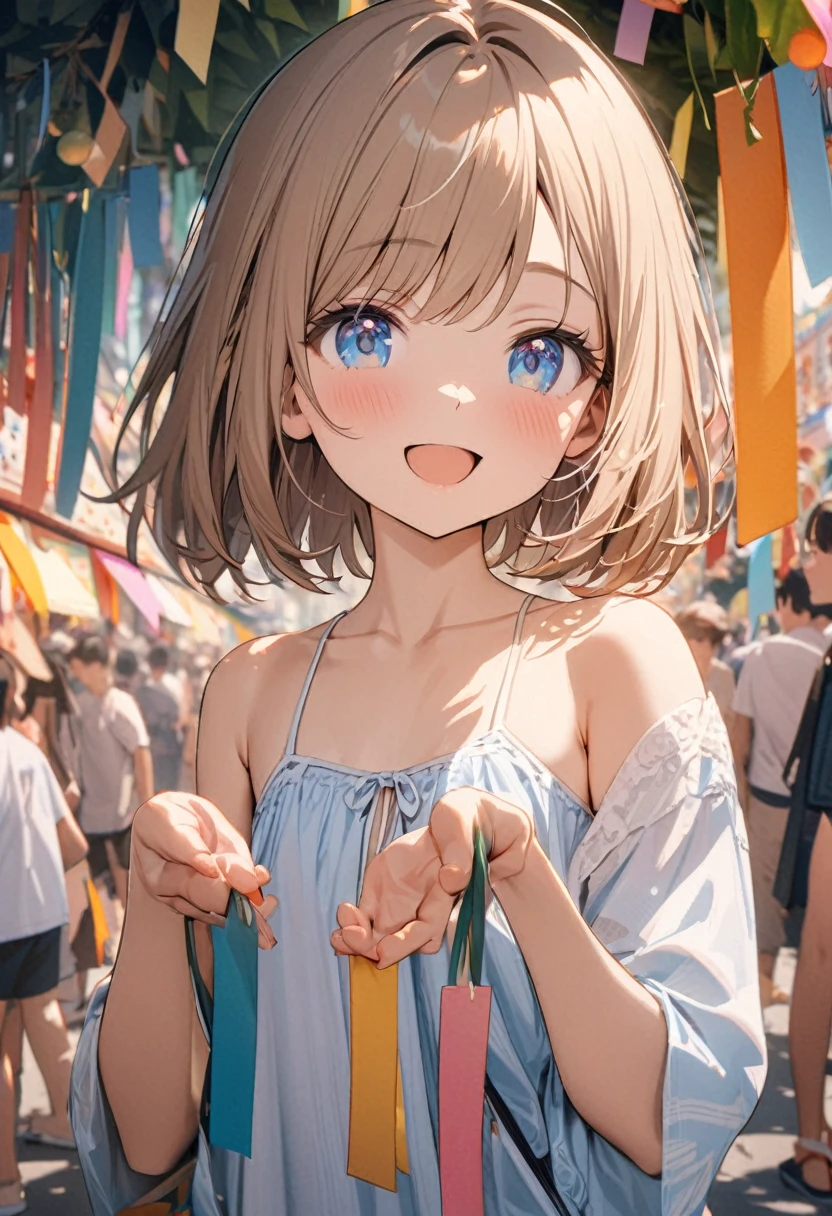 1 girl, 18yo, (flat chest: 1.5), blue eyes, light brown hair, bob cut, summer outfit, smile, open mouth, tanabata festival, large shopping arcade, Tanabata decorations, lots of Tanabata streamers, crowds in the background, upper body, 8k, RAW photo, best quality, masterpiece, extremely detailed 8k wallpaper, ultra-detailed, best shadow, detailed background, beautiful detailed face, beautiful detailed eyes, nice hands, perfect hands