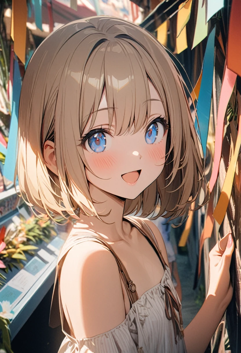 1 girl, 18yo, (flat chest: 1.5), blue eyes, light brown hair, bob cut, summer outfit, smile, open mouth, tanabata festival, large shopping arcade, Tanabata decorations, lots of Tanabata streamers, crowds in the background, upper body, 8k, RAW photo, best quality, masterpiece, extremely detailed 8k wallpaper, ultra-detailed, best shadow, detailed background, beautiful detailed face, beautiful detailed eyes, nice hands, perfect hands