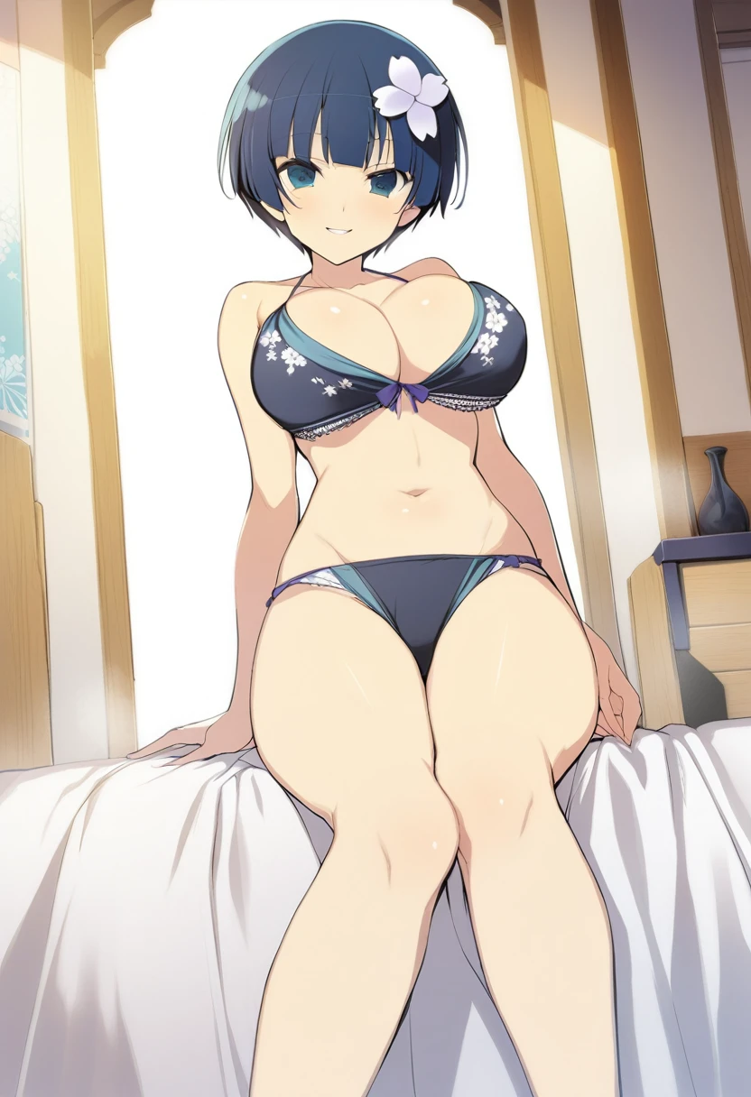 masterpiece, best quality,
yozakura (senran kagura), 1girl, breasts, solo,
short hair, blue hair, flower, blue eyes, large breasts, hair ornament,
hair flower, navel, midriff, bare legs, cleavage, emblem, smile,
bikini,
pov,