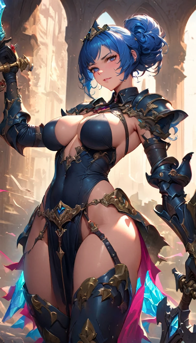 best quality,4k,8k,highres,masterpiece:1.2),ultra-detailed, extremely detailed eyes, extremely detailed body, (large masterpiece digital art), (detailed manga illustration), (detailed line art), ((perfect anatomy)), (intricate details:1.3), (ultra-detailed:1.3), (illustration:1.3), (sharp focus:1.3), (natural lighting:1.05), (vivid colors:1.3), (masterpiece), best quality, expressive eyes, perfect face, 1 girl, breasts, gloves, large breasts, {blue hair}, medium hair, wavy hair, (gray eyes), hourglass physique, huge ass, dynamic pose, dynamic lighting, fur trim, glowing, crystal, helm, helmet, armor, ((full armor)), cuisses, shoulder armor, belt, hand guard, boots, glove, particles stream, creationmagic, ethereal creation, Magic Circle, glowing, crystal, jim lee, Brazilian woman, hair bun, fur trim, jewelry, crystal, wild energy, cinematic lighting, heroic atmosphere, Beautiful woman, Atey Ghailan, Jeremy Mann, Greg Manchess, Antonio Moro, trend in ArtStation, trend in CGSociety, Intricate, High Detail, Sharp focus, dramatic and photorealistic painting art by Midjourney and Greg Rutkowski, Marvel Cinematic Universe style, (((mystical gothic castle in the background))), crystal sword in hand,
