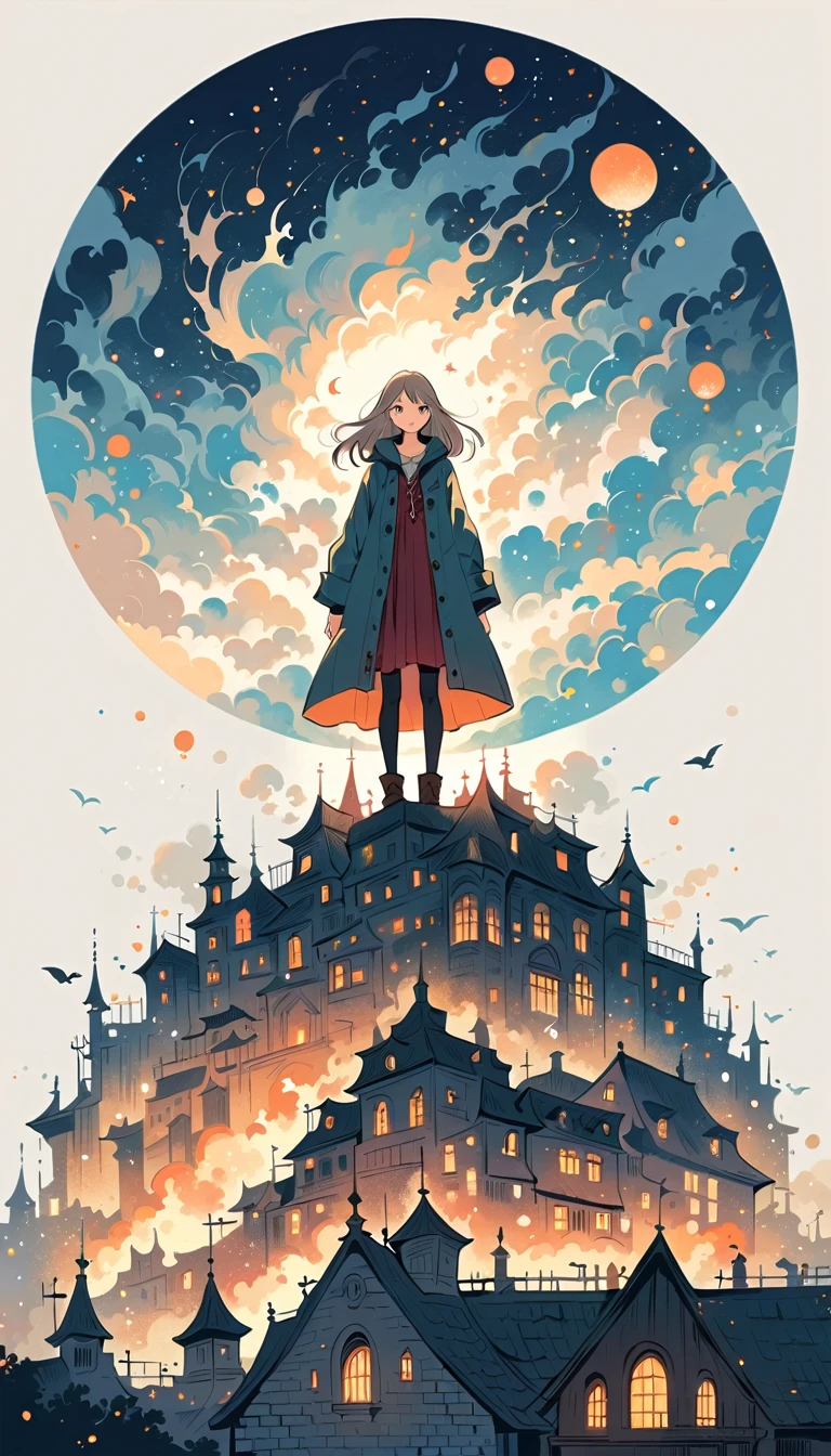 Fujichoco style, big jacket, gray hair, whole body, dark night, light, on the roof of the building, simple background,Simple line initialism, (((The Most Beautiful Girl))),