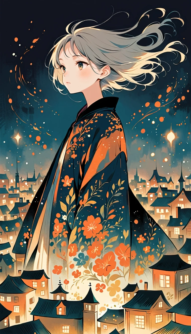 Fujichoco style, big jacket, gray hair, whole body, dark night, light, on the roof of the building, simple background，Simple line initialism, (((The Most Beautiful Girl))),