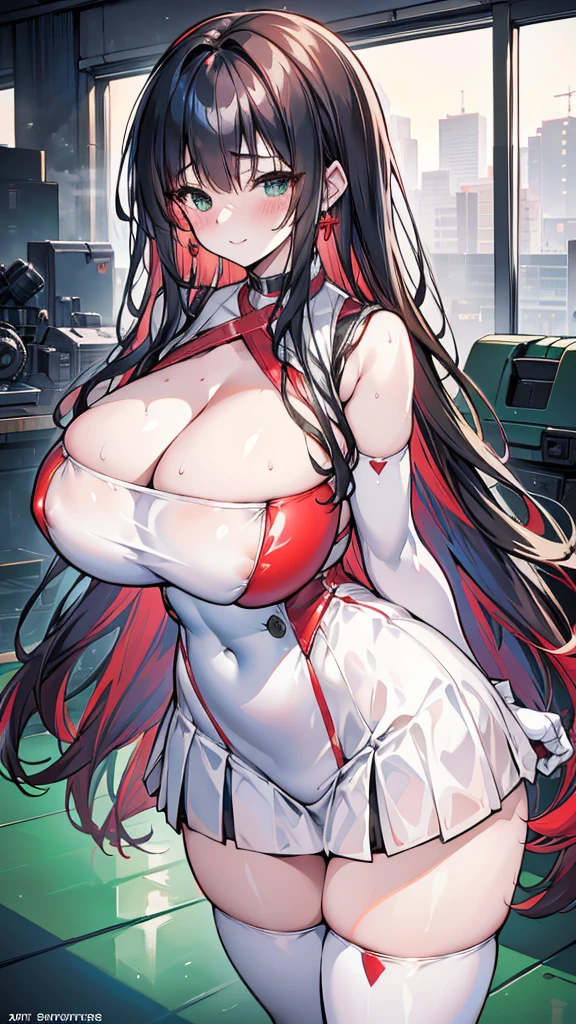 18-year-old girl,Baby Face,Red wavy long hair,Smile,Huge breasts,cleavage,Sheer red sleeveless top,Leave space in the middle to reveal cleavage,Soaked all over,Blushing,green eyes,Female spy,Red miniskirt,White gloves,White hand sleeves,White boots,Science fiction,Future,Inside the mecha combat robot warehouse,robot driver,Pistol hanging on waist,No bangs,Wearing earrings only on one side