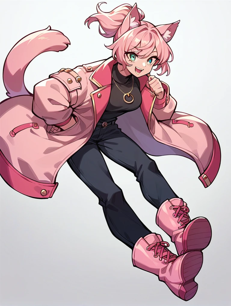 A 23-year-old girl with a round head and short hair with a pink ponytail and black cat ears. She wears a pink jacket, long black pants, and pink boots. 
