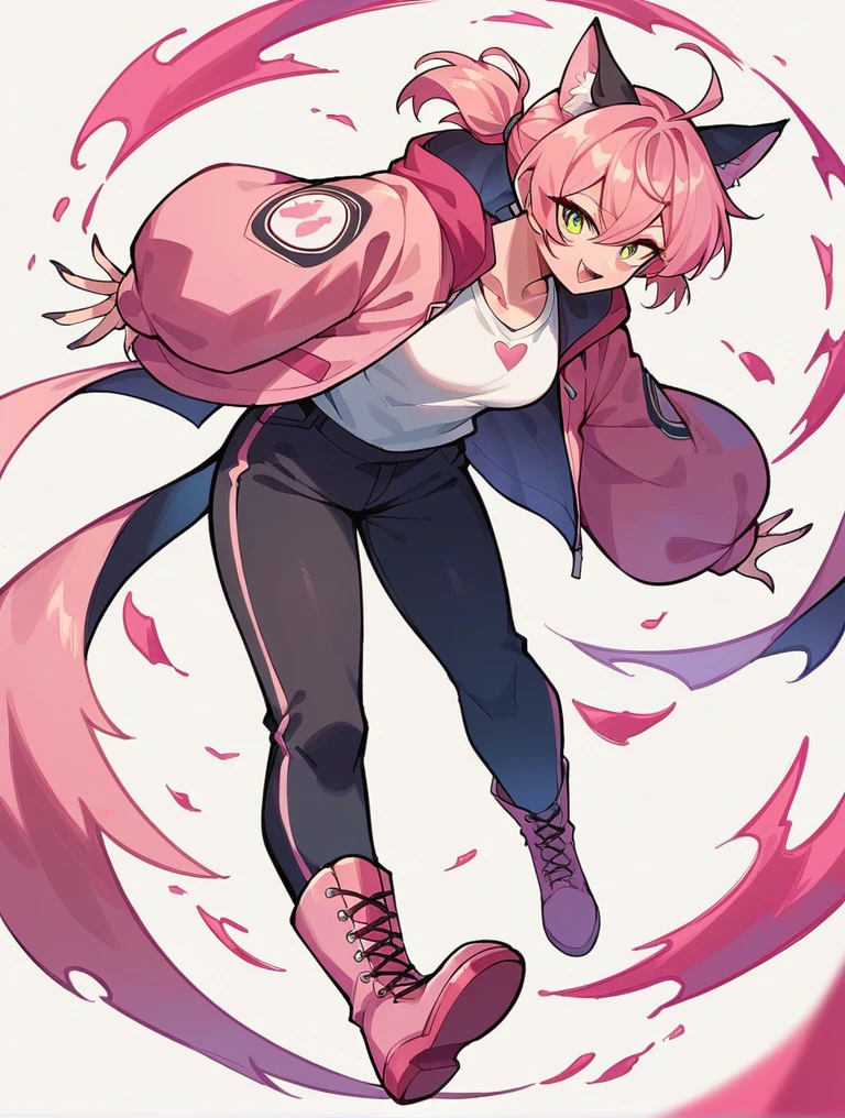 A 23-year-old girl with a round head and short hair with a pink ponytail and black cat ears. She wears a pink jacket, long black pants, and pink boots.