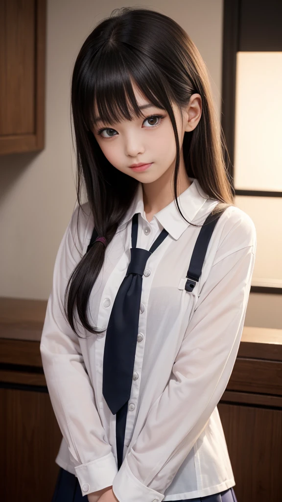 8K, Highest quality, masterpiece:1.2, RAW Photos, 1peopleの女の子, (e schrl, beautiful girl, Baby FaceDentition), night, (dark), Clear background indoors, (people々), Beautiful Bangs, nice,, (Clothing and uniforms:1.3), Soft lighting, Attractive breasts, ((怪しいdark部屋)), (Mouth closed:1.2, Beautiful Eyes, Fine grain, Detailed Iris, Beautiful Lips, Beautiful Nose, Beautiful Face), (primary color:1.5), (Gaze at the viewer, blush:1.2, Mysterious Smile)