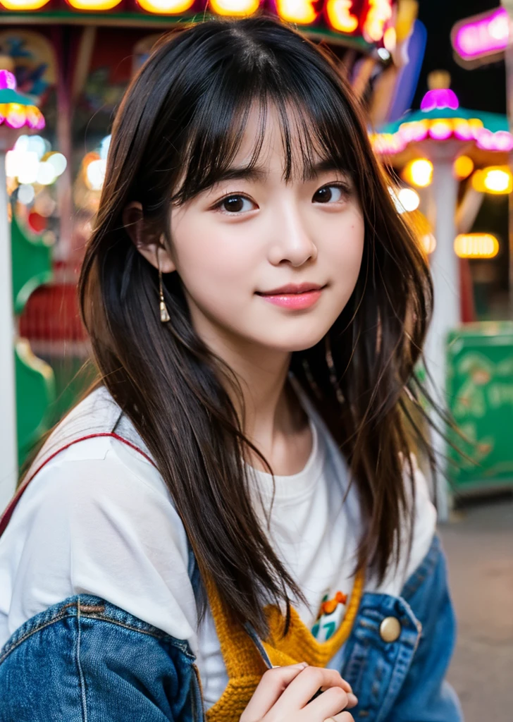 (Realistic, photo-Realistic:1.37),(8K, RAW Photos, Highest quality, masterpiece:1.2), cute, Ultra-detailed, 超High resolution, Kodak Vision Color, Filmed with an Arricam LT camera,Highest quality, Lively, 8K, High resolution, 1 girl, Escape, (Professional Lighting), (Portraiture:0.6), Black Hair, (Medium Hair),22 years old、amusement park、Going on a date、