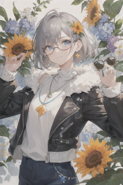 , (masterpiece:1.2), Highest quality,The middle of a journey,
alone, Colored glasses, jewelry, hair ornaments, View your viewers, Black background, One girl, short hair, blue eyes, Earrings, Simple Background, flower, Upper Body, hair flower, orange-Colored glasses, sunglasses, necklace, Jacket, Mouth closed, flower柄プリント, Gray Hair, Round Glasses, Earrings