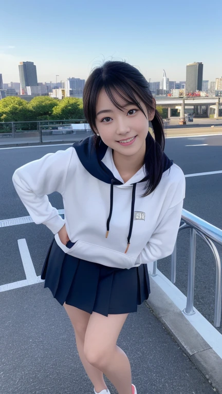 (masterpiece:1.3), (8K, Photorealistic, RAW Photos, Best image quality: 1.4),20 year old cute Japan woman、(Medium Hair)、(ponytail)、(Perfect body)、(Perfect proportions)、Super detailed face、double eyelid、Sharp focus:1.2、Jet Black Hair、Straight Hair、Highest quality、masterpiece、Ultra-high resolution、(Photorealistic:1.4)、(hoodie)、(Flared mini skirt)、whole body, Long legs、Highly detailed face, Beautiful Eyes, double eyelid、Are standing、sunny、Bend over and peer at me、smile、Tokyo cityscape、Outdoor、blue sky
