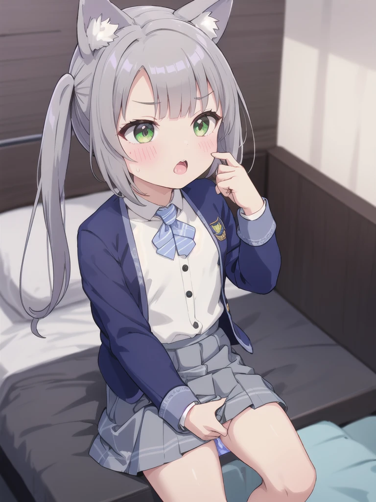 1girl, Green Eyes, Grey Hair, hair ornaments, Animal ears, Small breasts,uniform,Navy Blue Blazer,White shirt,Pink ribbon,Grey Skirt,No underwear,{{1boy,cunnilingus}},