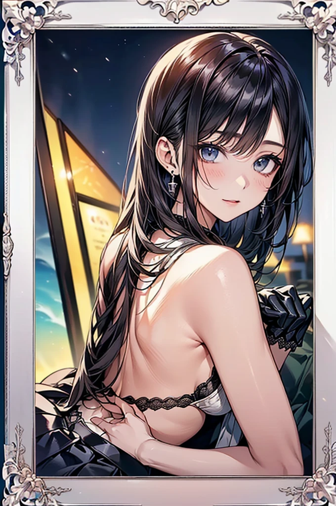 ((Biologically correct limb count))、(( Full-body photo including face))、4K、((Standing position))、masterpiece、((Focus on the face))、((Symmetrical facial features))、Eye for detailed depiction、Beautiful blue-haired woman、Excellent style、Beautiful clavicle、Beautiful feet、Beautiful Hands、Slender body、(stockings、garter belt、High heels)、Facial detailing、Small earrings、necklace、(No sleeve、Pleated skirt)、High heelsに照明を当てる、tie、sunny、(((Photo frame with white border)))、Seductive posture、((She is sitting with her buttocks thrust back and her upper body arched, looking up.))、Looking at the night view、(Low - Angle、A camera angle that captures the inside of a skirt from below)、Silk gloves、(((Black Hair、Silver Hair)))、(((Moments of ecstasy)))、((Looking back))、Close-up photo of the upper body、