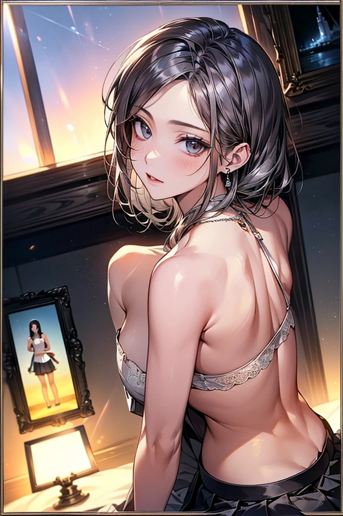 ((Biologically correct limb count))、(( Full-body photo including face))、4K、((Standing position))、masterpiece、((Focus on the face))、((Symmetrical facial features))、Eye for detailed depiction、Beautiful blue-haired woman、Excellent style、Beautiful clavicle、Beautiful feet、Beautiful Hands、Slender body、(stockings、garter belt、High heels）、Facial detailing、Small earrings、necklace、(No sleeve、Pleated skirt)、High heelsに照明を当てる、tie、sunny、(((Photo frame with white border)))、Seductive posture、((She is sitting with her buttocks thrust back and her upper body arched, looking up.))、Looking at the night view、(Low - Angle、A camera angle that captures the inside of a skirt from below)、Silk gloves、(((Black Hair、Silver Hair)))、(((Moments of ecstasy)))、((Looking back))、Close-up photo of the upper body、