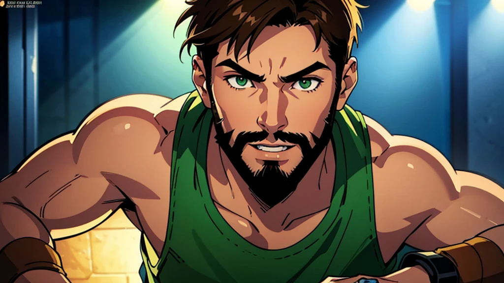 a  boy with thin beard, green eyes, light brown hair, playing video game, holding joysticks, detailed facial features, realistic, photorealistic, ultra-detailed, sharp focus, vivid colors, beautiful lighting, digital art, concept art